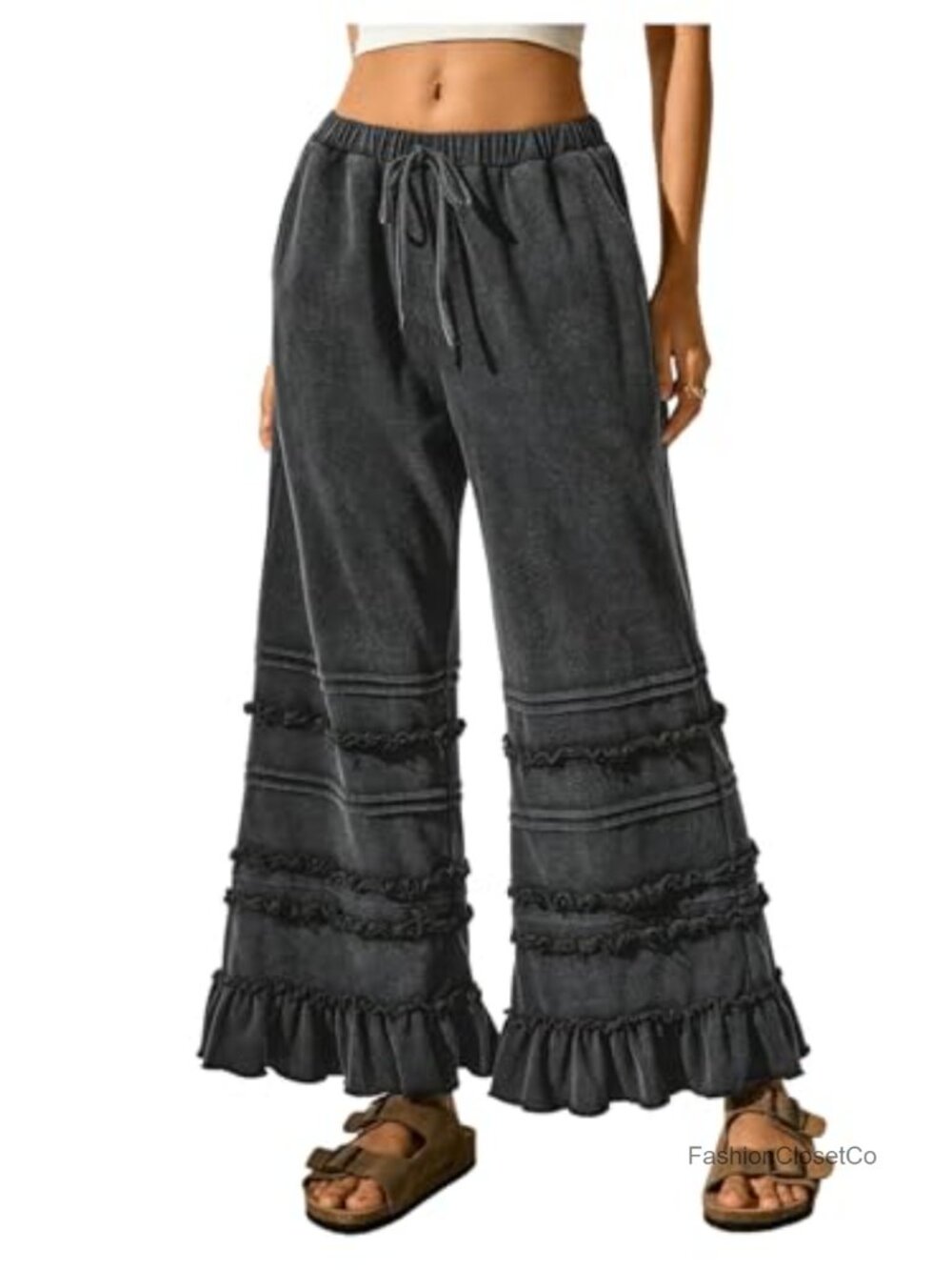 Wide Leg Palazzo Pants Women Drawstring Elastic Waist Ruffle Hem Loose
